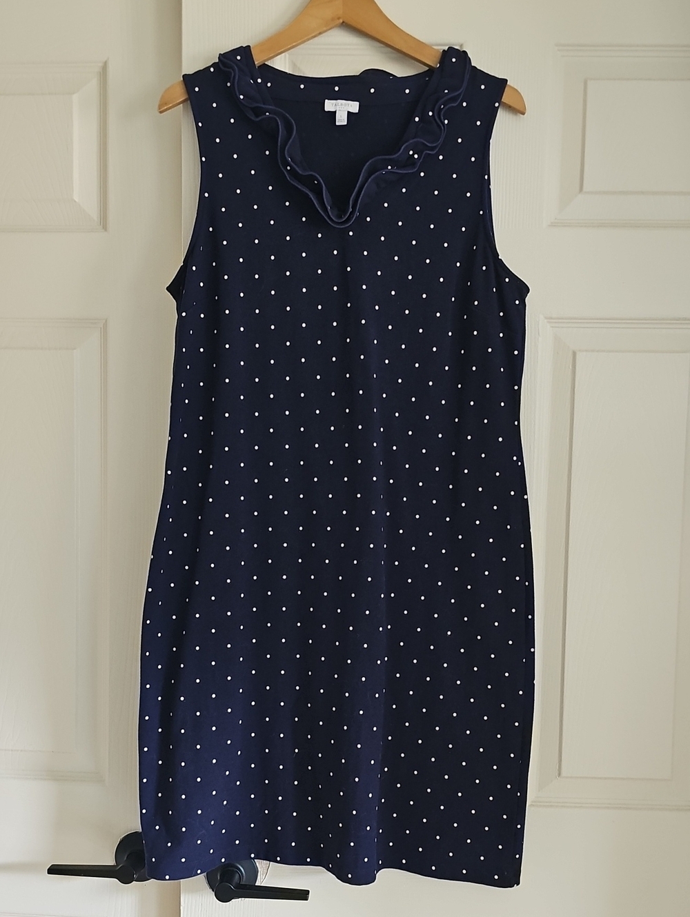 Talbots Navy Blue Polka Dot Ruffle Neck Sleeveless Dress